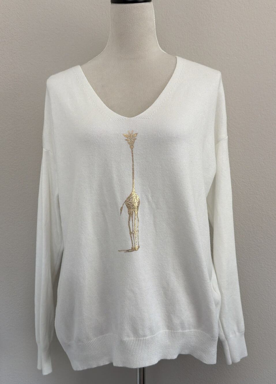 Venti Sei Sweater Womens Large? Ivory Gold Giraffe Graphic V-Neck Long Sleeves